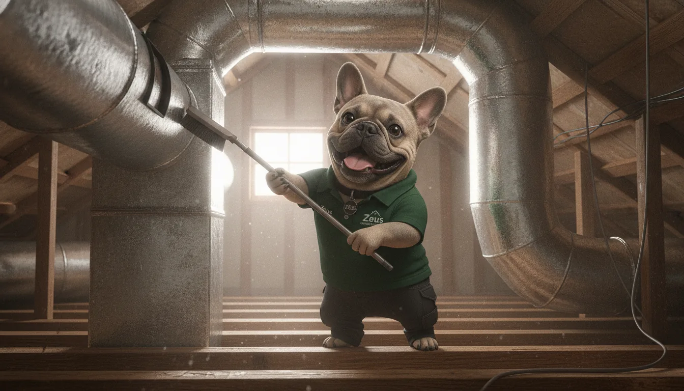 Zeus, the Transparency mascot, working on metal ductwork in a home attic
