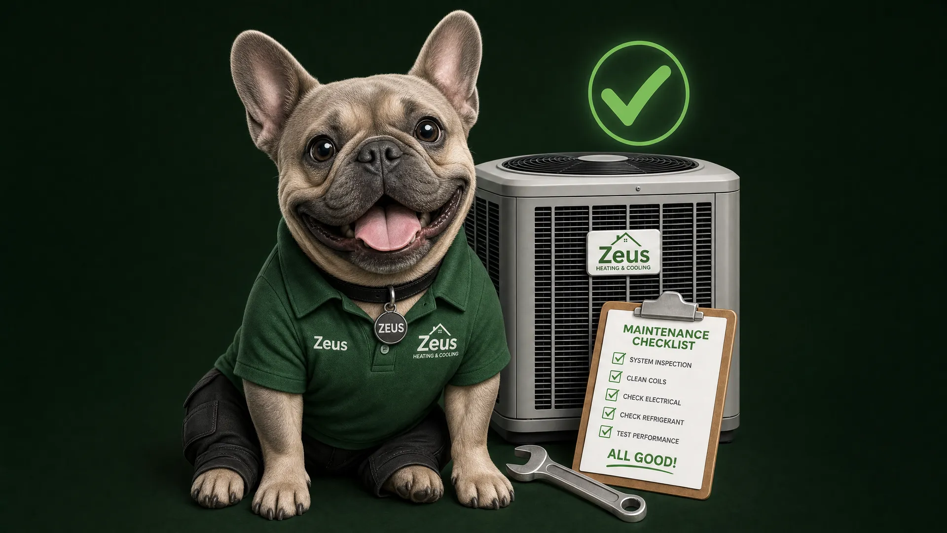 Zeus, the Transparency mascot, sitting next to an outdoor AC condenser with a maintenance checklist clipboard